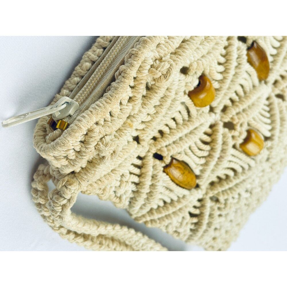 ~ Boho Macrame Wristlet Bag Clutch Purse Festival Cream Wood Beads Handbag - Picture 9 of 13
